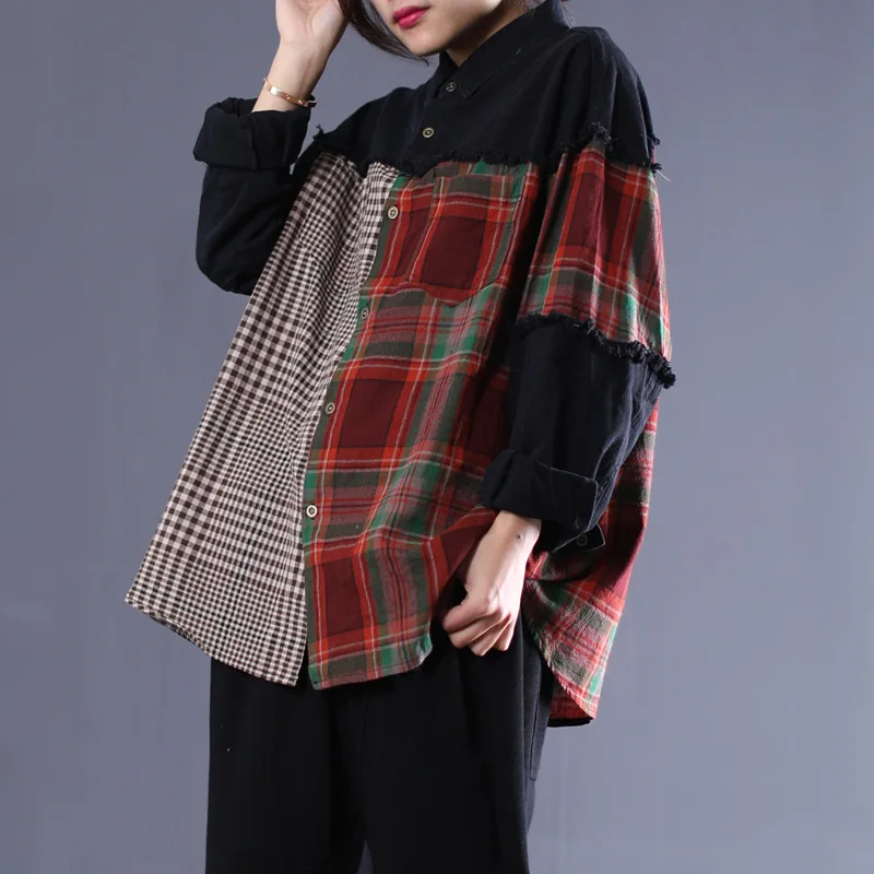 

Autumn Blouse Retro Large size Loose Women Casual Shirt 2019 New Tops Cardigan Long-sleeved Spliced pocket Vintage Blouse