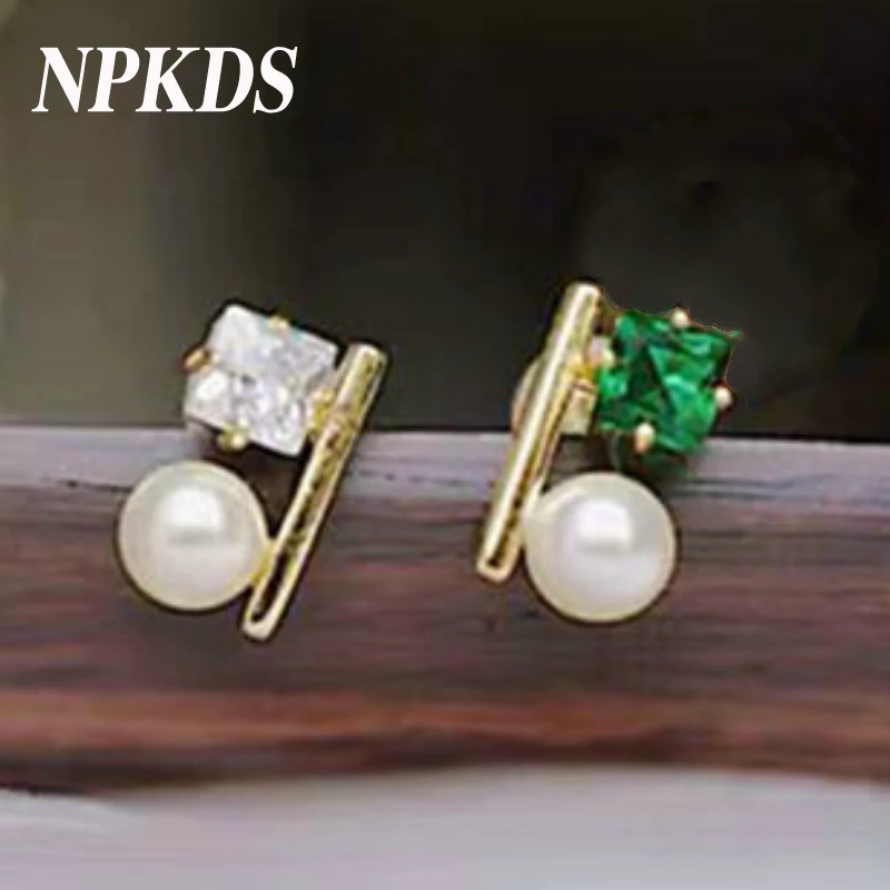 

925 Sterling Silver Square Zircon Pearl Stud Earrings Simple Wild Elegant Luxurious Girls Earrigns 2019 Silver Women's Jewelry