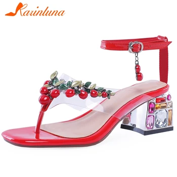 

KARINLUNA Genuine Leather Female Chain Cute Summer Sandals Open Toe Flip Flop Med Heels Women Sandals Women Shoes
