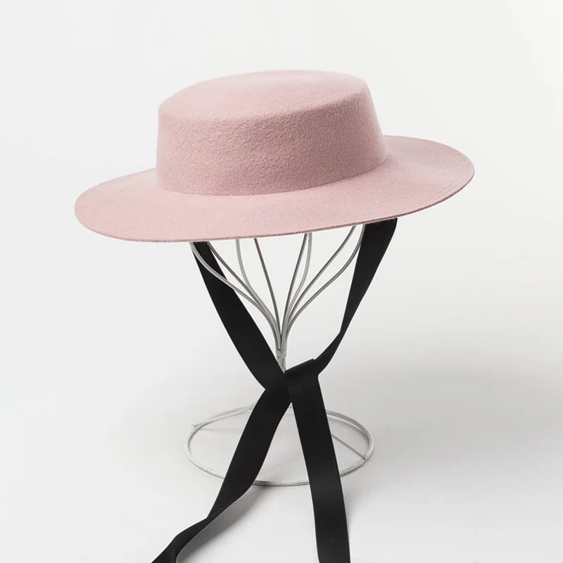 USPOP осень зима новые женские шерстяные шапки одноцветные шерстяные фетровые шляпы с широкими полями с закрытым плоским верхом Длинная лента на шнуровке фетровая шляпа