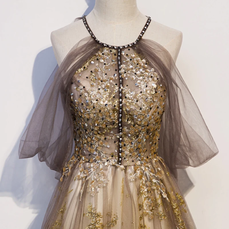SSYFashion/Новое роскошное вечернее платье, серое, золотое, с бретелькой, длиной до пола, с аппликацией, с блестками, винтажные торжественные платья для выпускного, Vestido De Noche