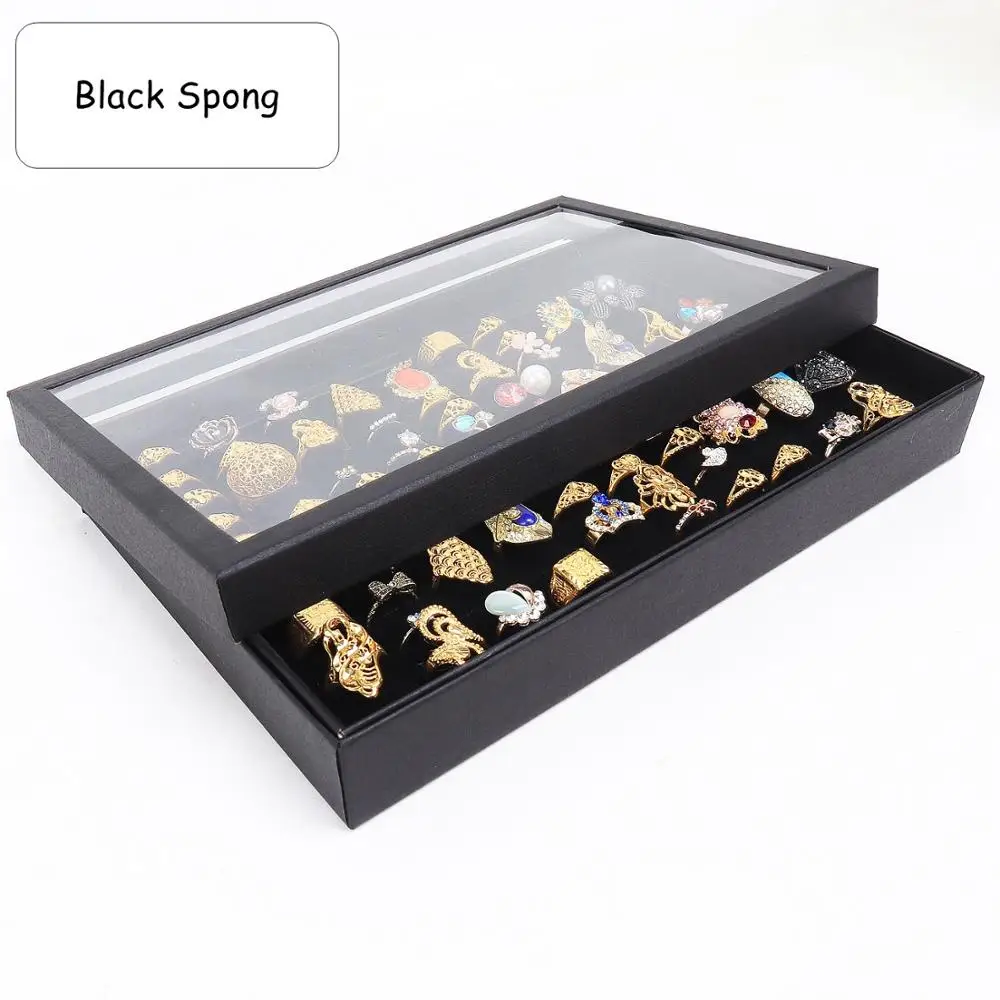 TONVIC 6Pcs Black Paper Earring Ring Display Tray Box With 100 Slots For Jewelry Packing Storage Velvet Pad Clear Plastic Lid