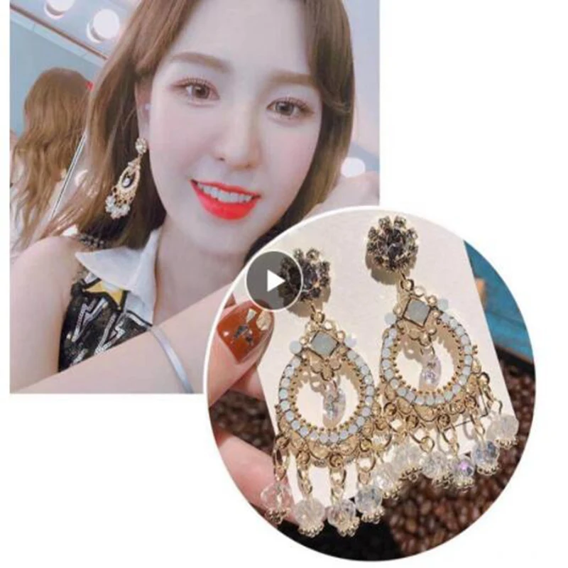 

2019 New Big Circle Crystal Tassel Dangle Earrings Baroque Style Statement For Women Shiny Rhinestone Drop Pendientes