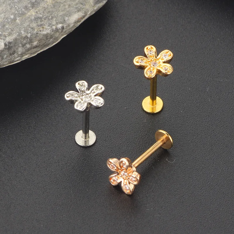 Crystal Flower Tragus Piercing Earring Flat 16G Cross