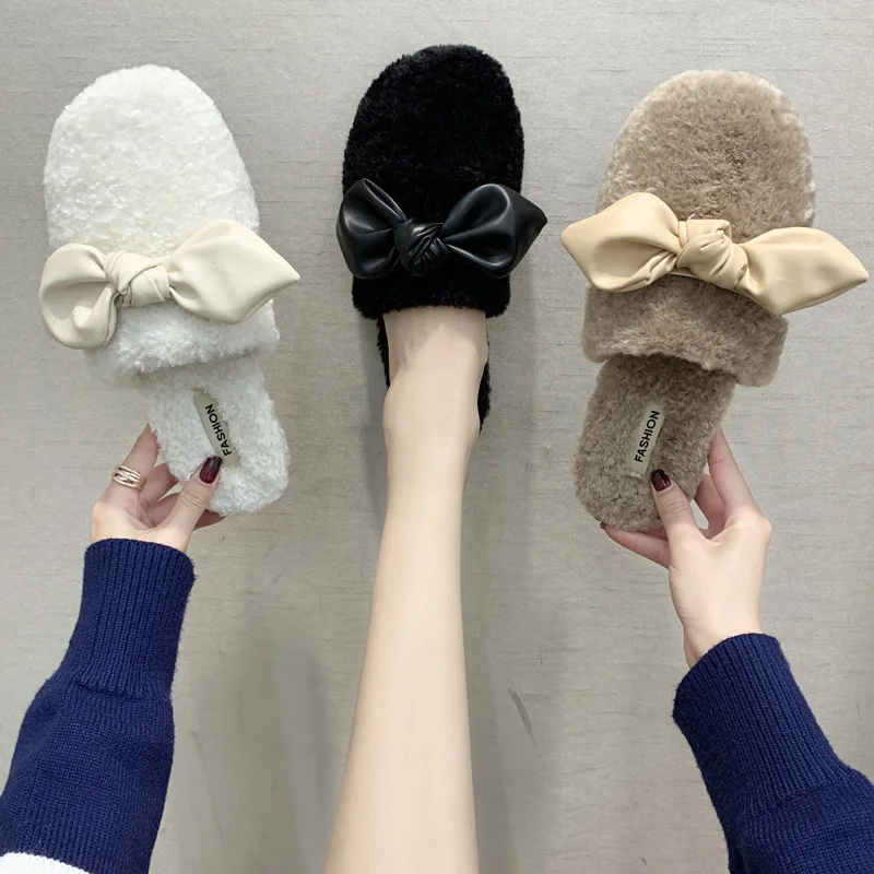 

Women's Slippers 2019 Shoes Low Pokemon Plush Butterfly-knot Slides Flock Fashion Loafers New Soft Fur Flat Luxury Autumn with
