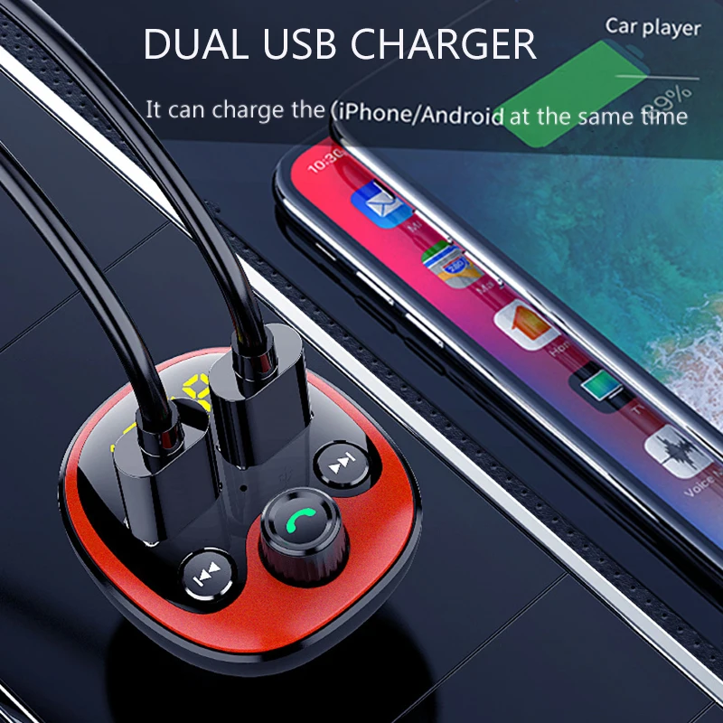 Автомобильное зарядное устройство с двумя USB для телефона, Bluetooth 5,0, fm-передатчик, MP3 плеер, Aux модулятор, поддержка TF карты, u-диск, музыка, громкая связь