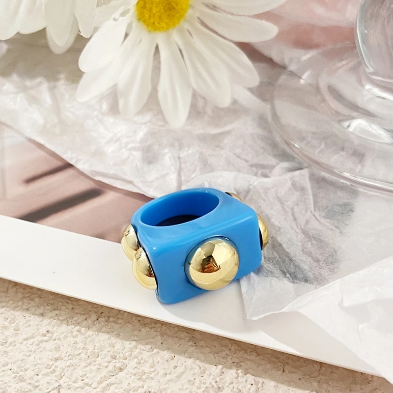 FAMSHIN Punk Ring Gold Color Bead Transparent Resin Acrylic Square Rings For Women Party Friends Gift Trendy Jewelry finger ring ring set