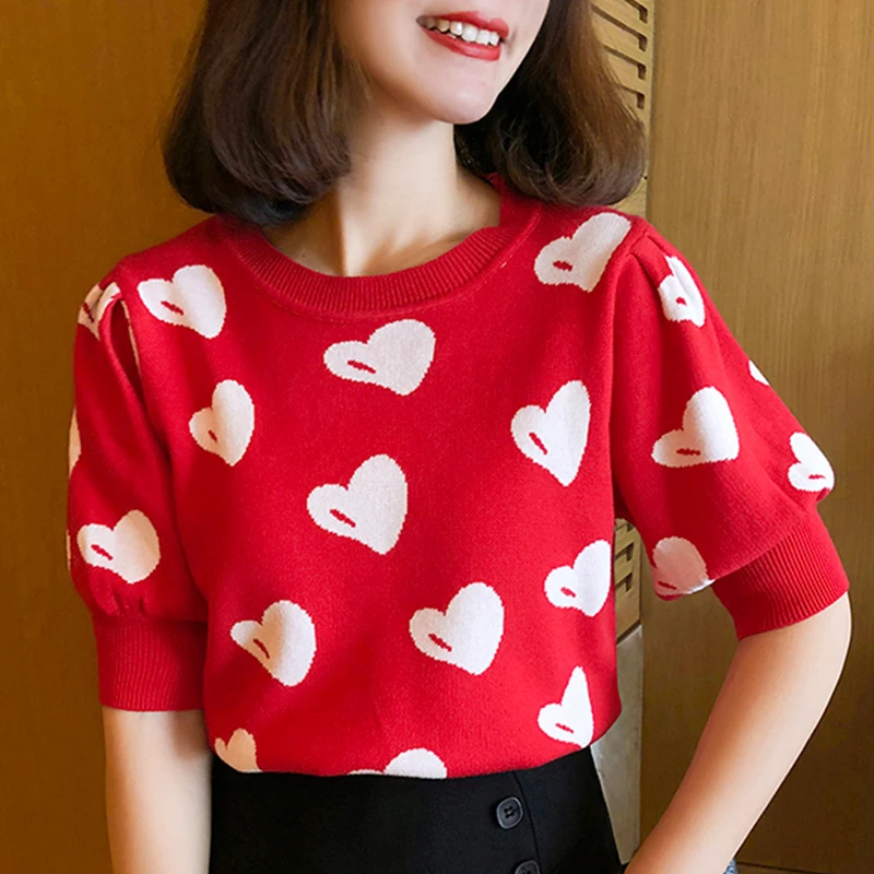 shintimes Tee Shirt Femme Hit Color Knitted T Shirts Women 2022 Summer Sweet Patchwork Puff Sleeve Tshirt Woman Vetement Femme