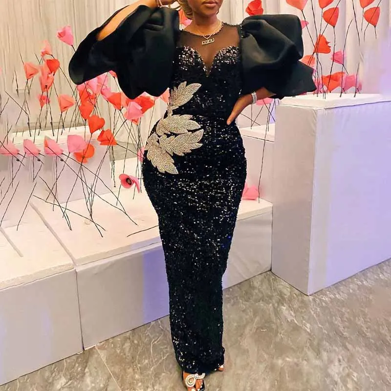 Plus Size Evening Dress For Women 2023 Fall Clothes Sequin Beaded Kaftan Robe African Sexy Maxi Gown Dubai Boubou Longue Femme