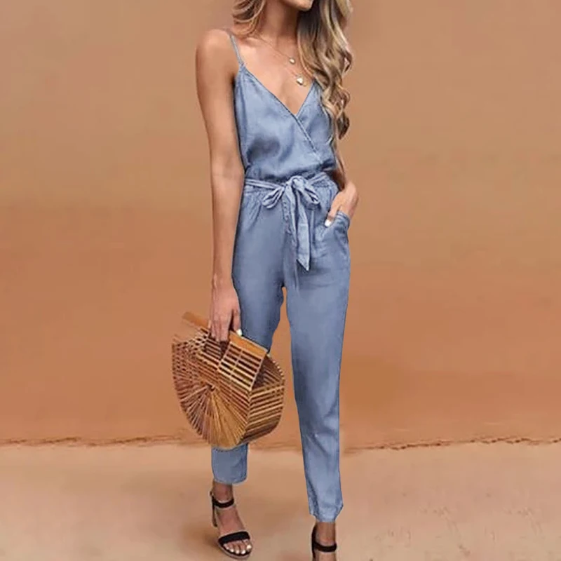 Summer Celmia Vintage Denim Rompers Women Deep V-Neck Solid Jumpsuits Casual Sleeveless Straps Playsuits Jeans Trousers 5xl