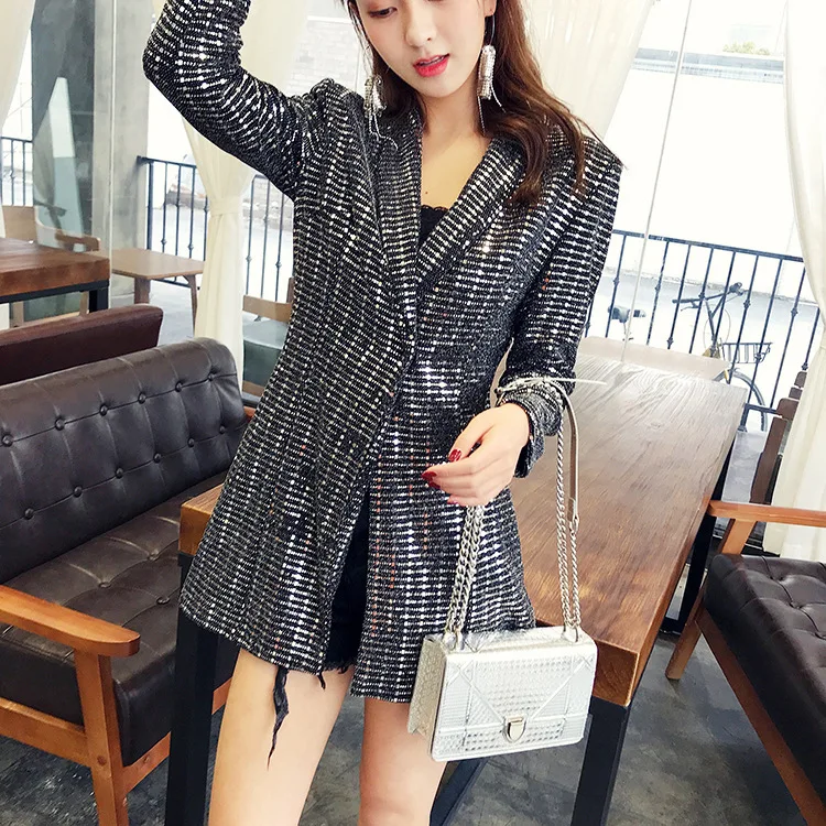 

Cross-Mirror Photo Shoot 2019 Autumn Korean-style Slim Fit Commuting Shiny Silver Dress Suit Jacket Women's 8282
