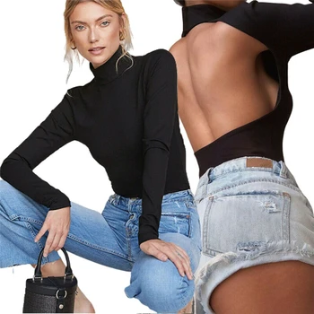 

2020 Fashion Women Bodysuit Stretch Leotard Body Top Long Sleeve Bodysuits Tops Black Sexy Backless Jumpsuit Women Clothes