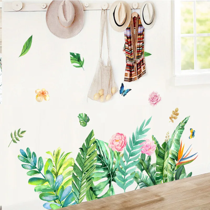 Creative Tropical Tree Leaves flower Flamingo Wall Stickers DIY Green Plant leaf Wall Decals for Living Room Home Decor murals