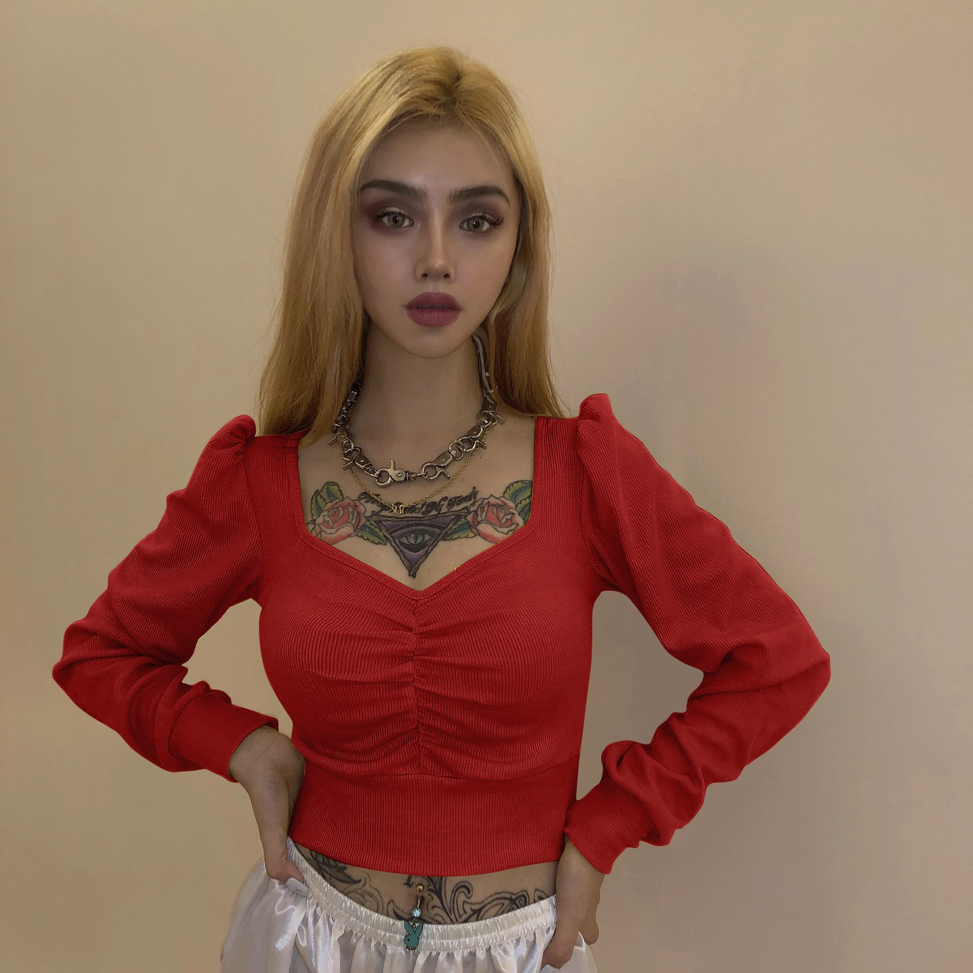 Nibber lastic вязаный V образный вырез с длинным рукавом однотонный сексуальный свитер
