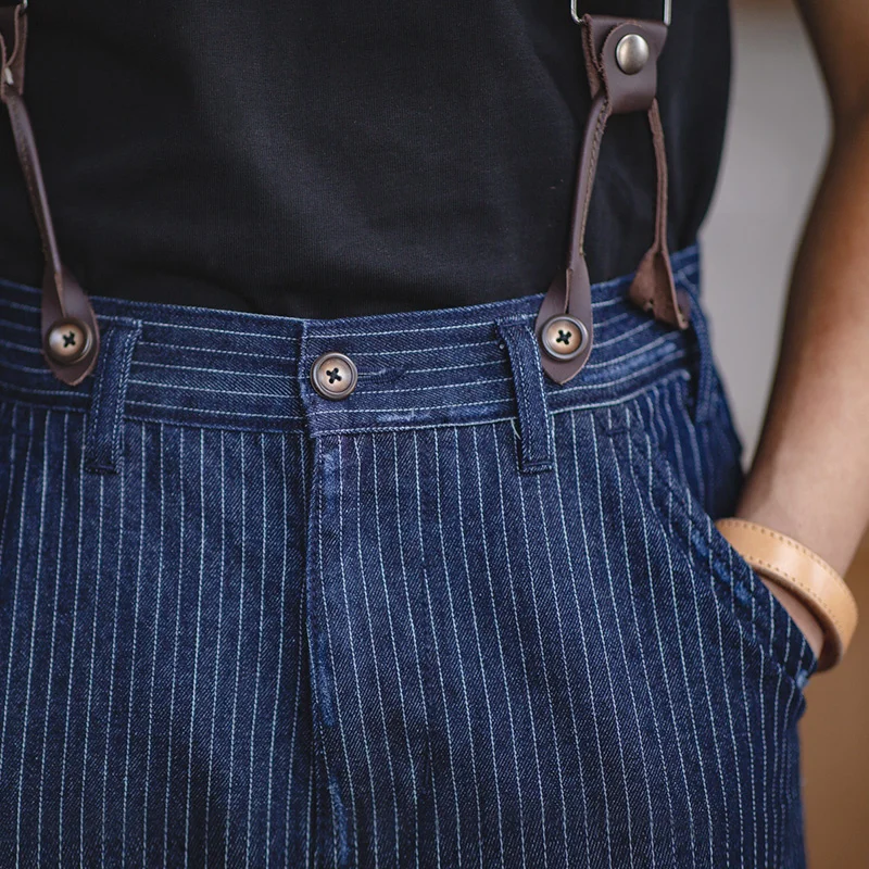 Men’s Retro Casual Blue Striped Pants Scottish plaid hem Regular Straight Fit Denim Work With Detachable Suspenders | Мужская одежда
