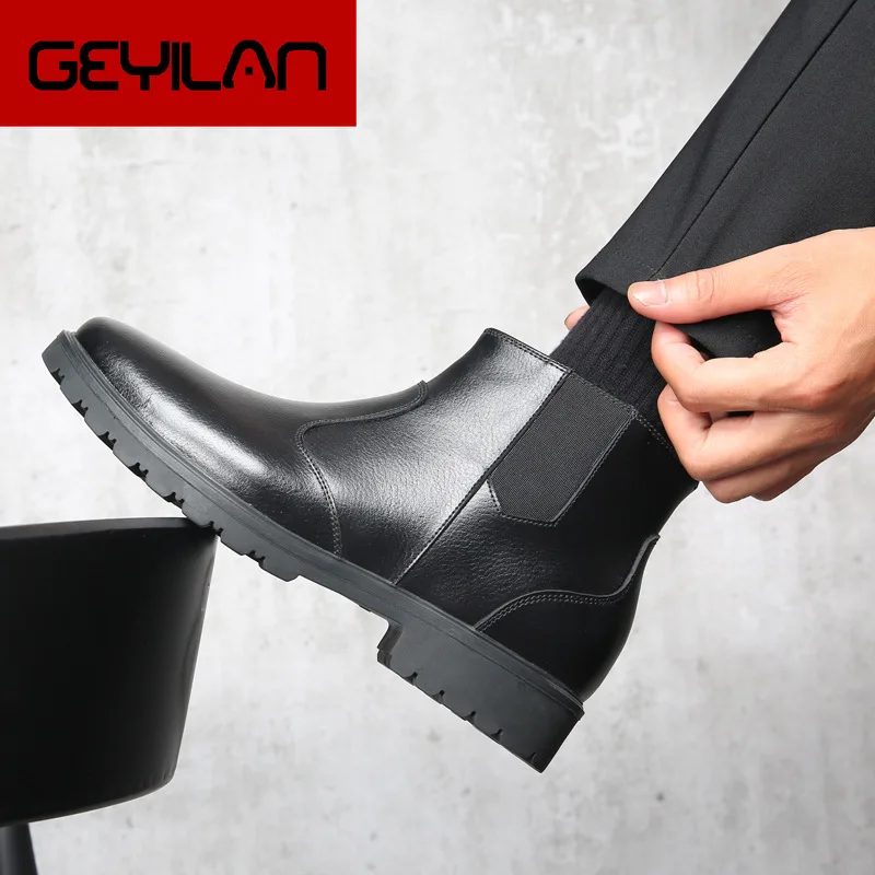 

2019 Genuine Leather Chelsea Boots Men Winter Shoes Warm Plush for Cold Winter Men Ankle Boots Casual Male Footwear A1804