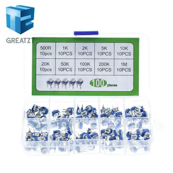 

GREATZT 100Pcs/Box RM065 Carbon Film Horizontal Trimpot Potentiometer Assortment Kit 10 Values Variable Resistor 500R - 1M