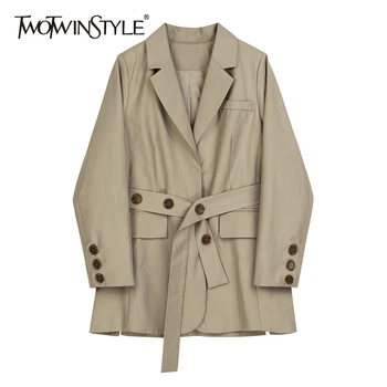 

TWOTWINSTYLE Elegant Side Split Women's Blazer Notched Long Sleeve Pocket High Waist Lace Up Coats Female Autumn New 2020