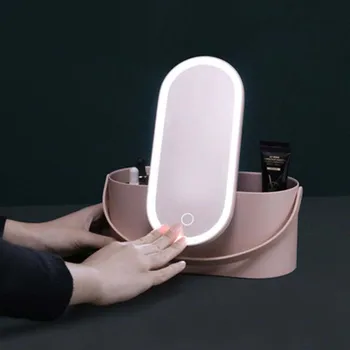 

LED Touch Screen Illuminated Makeup Mirror Box Multipurpose Portable Storage Bag Travel Cosmetic Organizer Beauty Case Tools