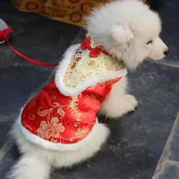 

Pet Dog New Year Clothes Spring Festival Coat Chinese Style Silk V-neck Clothing For Small Dogs Chihuahua Pet Winter Coat hot