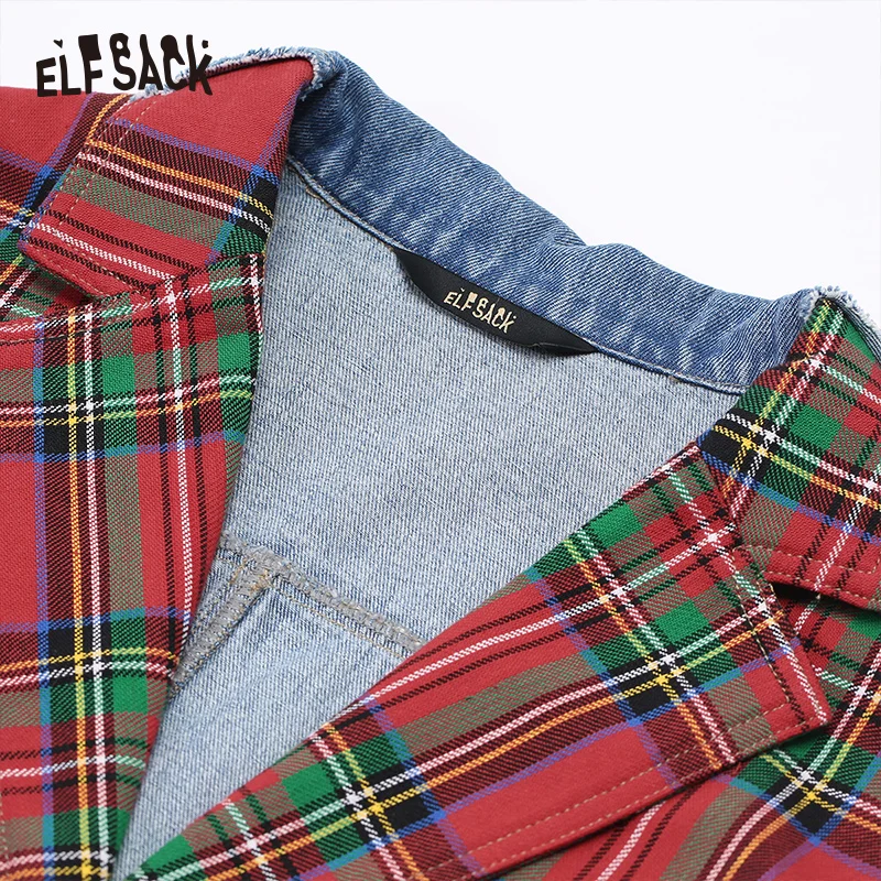 ELFSACK клетчатый Джинсовый блейзер в стиле пэчворк для женщин, осень, корейский стиль, женские блейзеры и куртки, уличная Офисная Женская верхняя одежда