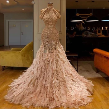 

Slay Queen Feather Evening Gown Special Designed Off Shoulder Sequin Party Dress Custom made robe de soiree abiye