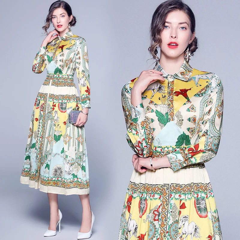 

2019 spring and autumn new temperament long-sleeved retro print ageing long section waist large size dress
