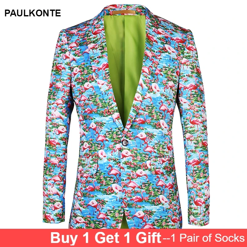 PAULKONTE 2019 Fashion Flamingo Print Mostly Male Blazer Jacket For Men Suit Top High Quality Party Wedding Man's Jacket