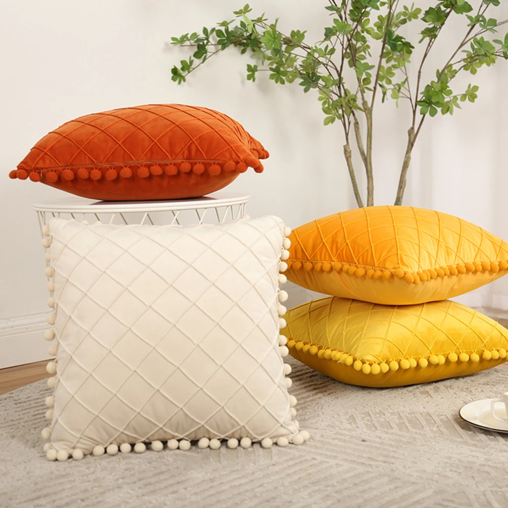 

New Solid Color Velvet Fluffy Ball Pillowcase Diamond Sofa Cushion Cover Office Home Decor Car Pillow Case Home Pillow Case