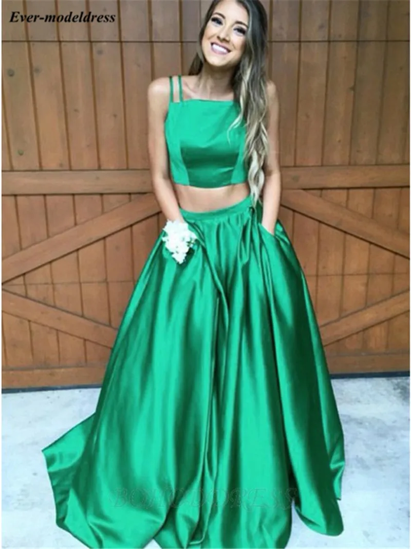 

Simple Two pieces Prom Dresses 2020 With Pockets Spaghetti Straps Zipper Back A-Line Graduation Girls Party Evening Gowns Cheap