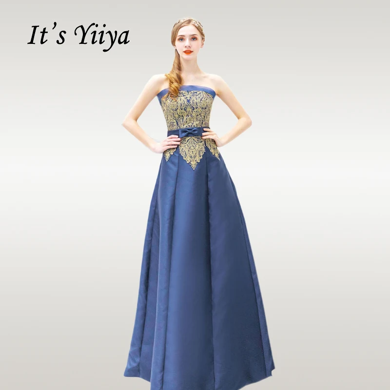

It's Yiiya Evening Dress Vintage Gold Lace Navy Blue Robe De Soiree Strapless Off Shoulder Plus Size Long Formal Dresses E624