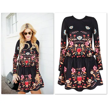 

Women's Black Bottom Printed Elastic Waist Long Sleeve Round Neck Dress