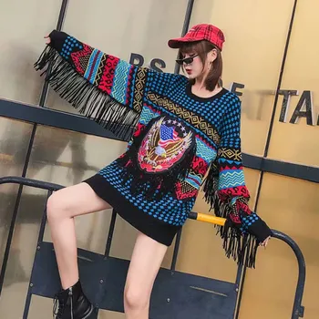 

Women Unique Design Long Sweaters 2020 New Fashion O Neck Loose Color Contrast Knitted Pullovers Embroidery Tassel Knitwear Tops