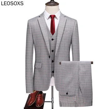 

2020 Three Piece Mens Gray Plaid Suits Slim Fit Groom Wedding Suit Tuxedo High Quality Business Dress Suit Male