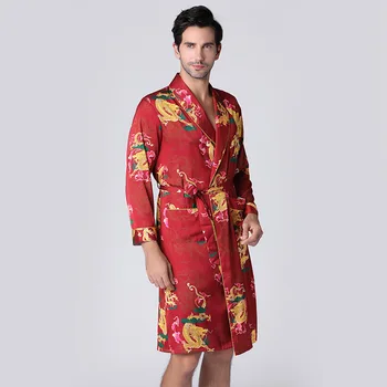 

Burgundy Chinese Men Silk Rayon Print Flower Robe Summer Casual Soft Sleepwear V-Neck Kimono Yukata Bath Gown Sexy Homewear