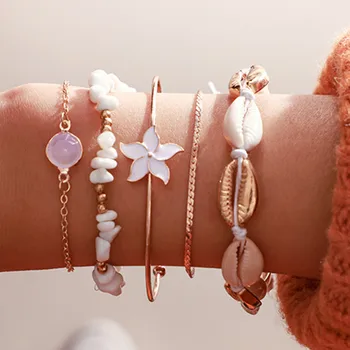 Skup DIEZI 2020 Nowe Artystyczne Białe Kwiaty Złota Bransoletka Powlekana Zestawy Dla Kobiet Handmade Muszelki Koraliki Bransoletki Kryształowe Bransoletki Biżuteria