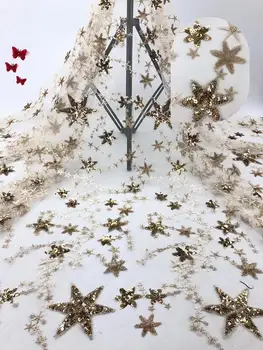 

1 yard lace fabric, champagne French lace fabric with embroidered Stars and sequins