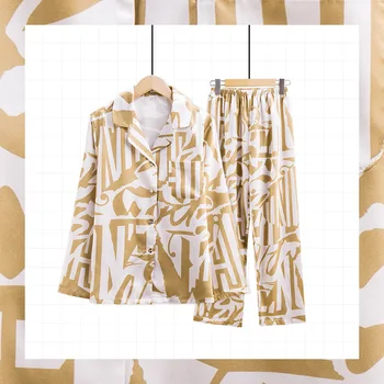 

Silk Satin Women's Pajamas Sets Female Nightwear Casual Long Sleeve Shirt Pants Loungewear Pijama 2020 New