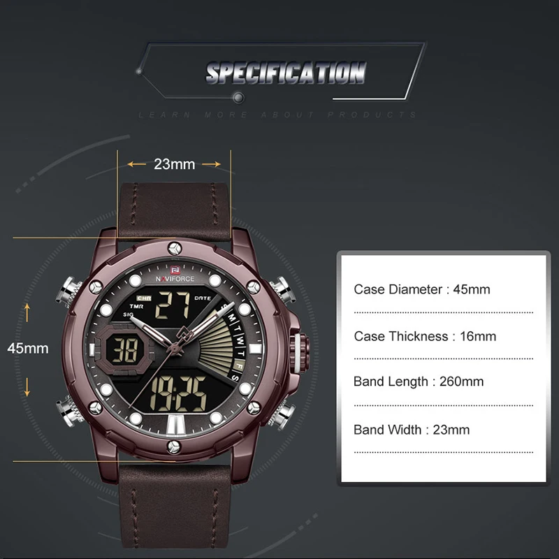 Люксовый бренд, NAVIFORCE, мужские часы, кожа, кварцевые наручные часы, светодиодный, цифровые, спортивные, светящиеся, водонепроницаемые часы для мужчин, Relogio Masculino
