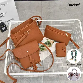 

4PCS/Set Women Handbags Solid Color Composite Bags Messages Crossbody Bags Women Wallet Pouch