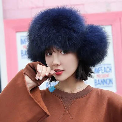 dusty blue Glaforny women solid dome Leifeng leather hat winter Korean version female warm thickened fur hat children fox fur togue - Цвет: dusty blue