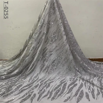 

Zoe 5yards new grey best quality hand made beads sequin embroidery tulle mesh lace fabric for sawing bridal wedding dress