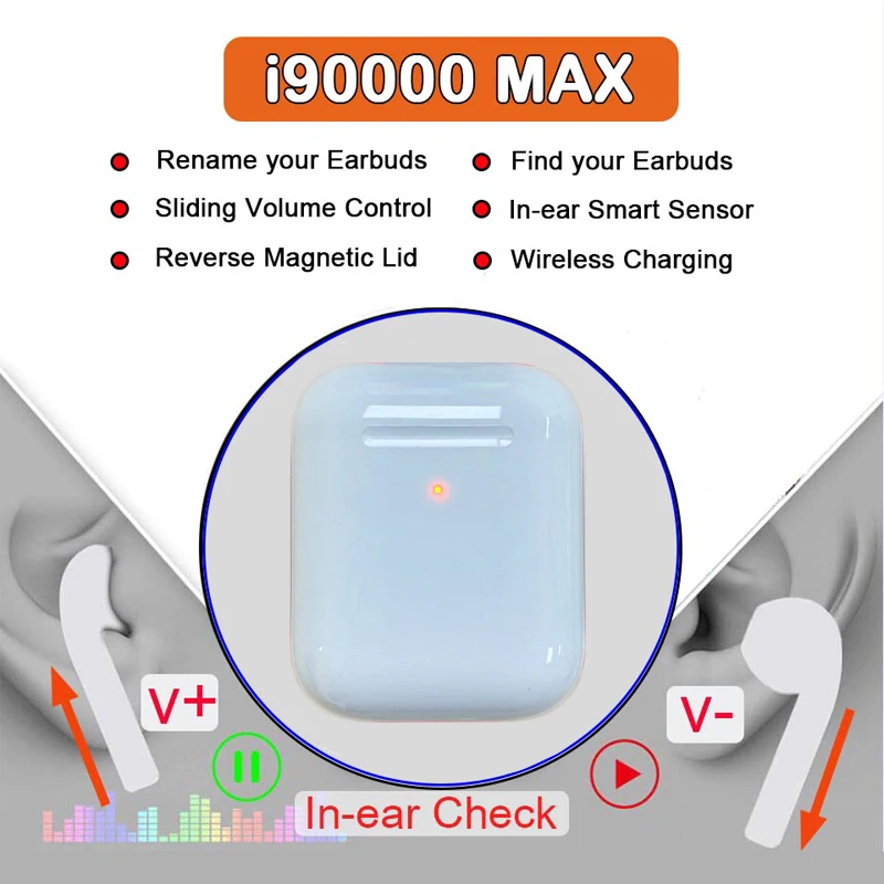 

Original i90000 Max TWS Volume Control Change Name Location Bluetooth Earphone in-Ear Sensor Wireless Charging PK H1 i500000 tws