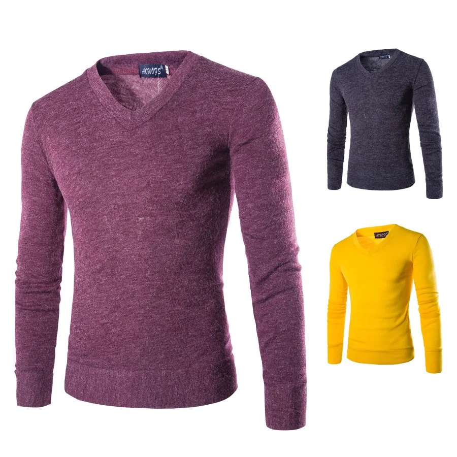 Осенний мужской вязаный свитер с v-образным вырезом, однотонный приталенный пуловер, повседневный весенний тонкий свитер с длинным рукавом, красный, черный, желтый, серый