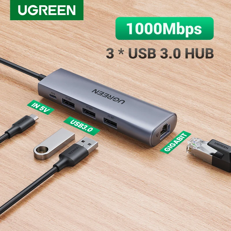 Ugreen-adaptador Ethernet USB 3,0 a RJ45 3,0 HUB para ordenador portátil, Xiaomi Mi Box S/3, adaptador Ethernet, tarjeta de red, Lan