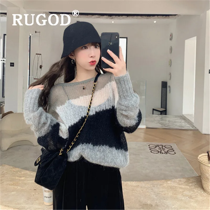 RUGOD, корейский стиль, шикарный вязаный свитер контрастного цвета, пуловер для девушек размера плюс, женский зимний джемпер