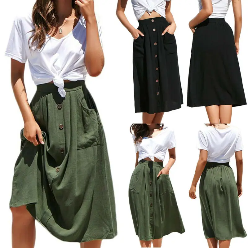2 Colors Women Casual Midi Skirt Elastic High Waist Front Button Pockets Ladies Autumn Skirts Fashion Loose Plus Size Skirt