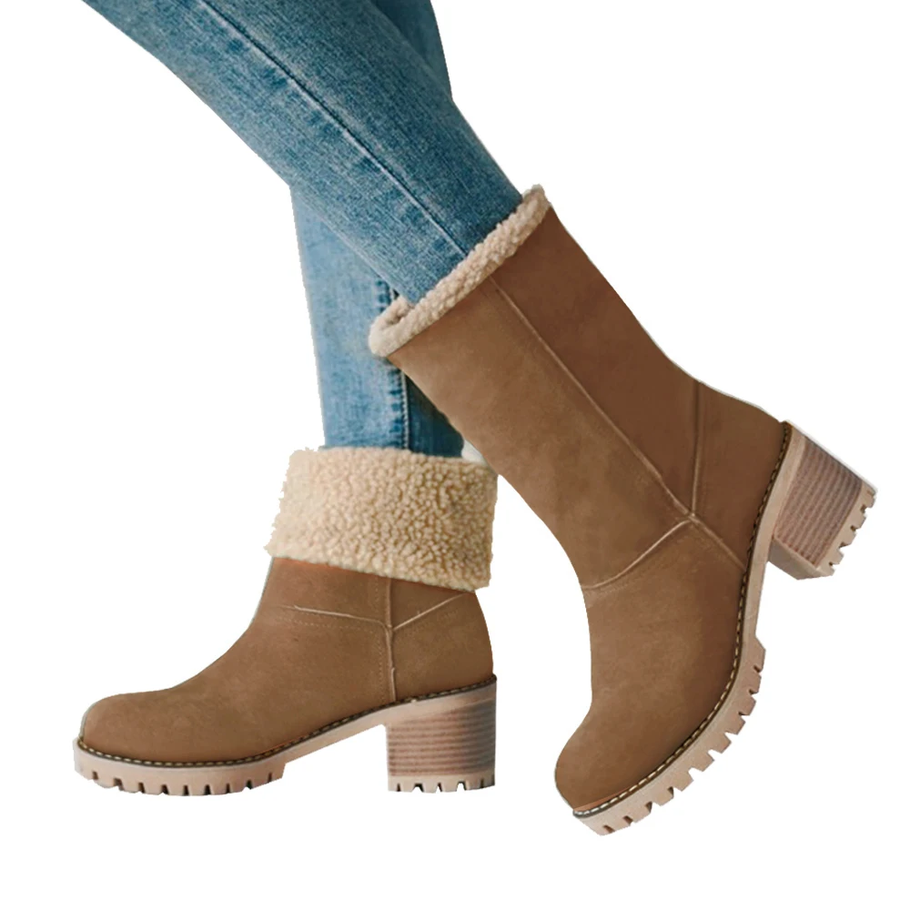 Женские ботильоны из флока на меху повседневные зимние ботинки без шнуровки на среднем каблуке модные теплые ботинки martin с круглым носком