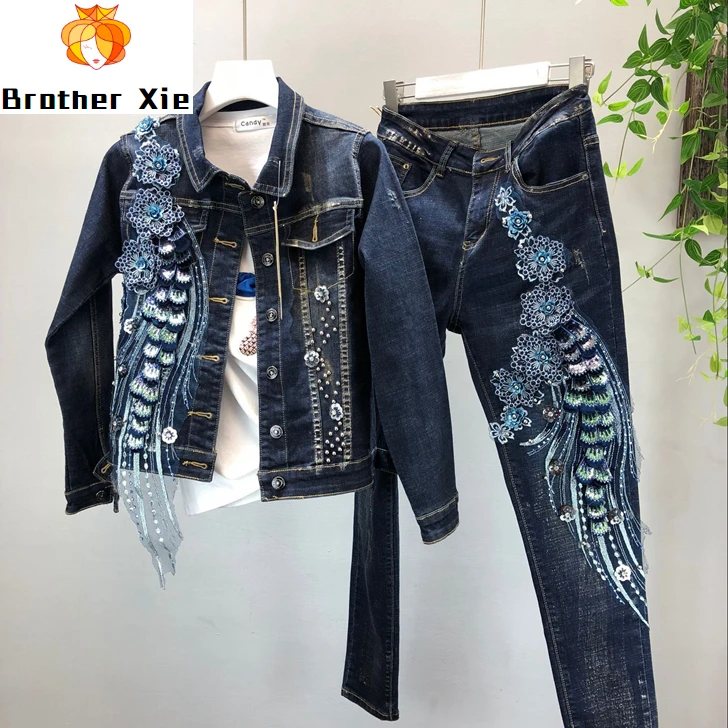 

2020 Spring Fashion Heavy Bead Embroidery Sequins Slim Short Stretch Denim Jacket + Slim Jeans Two Piece Denim Trousers Set
