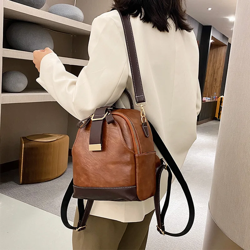 

Contrast Color Pu Leather Backpack for Women 2020 Fashion Small Shoulder Travel Back Pack Multifunction Vintage Female Backpacks